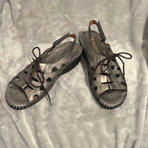 Metallic Gray Lace-Up Slingback Sandals